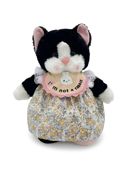 Cute Tuxedo Cat Plush Toy 45cm – Soft Stuffed Kitten Doll in Floral Dress with “I’m Not a Rabbit” Bib, Adorable Collectible Animal Gift for Kids & Cat Lovers ST15639