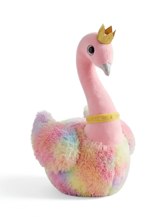 Rainbow Swan Plush Toy with Golden Crown – 7 Inch Soft Pink Princess Stuffed Animal, Colorful Cuddly Bird Gift for Kids, Fairy Tale Nursery Decor ST12008