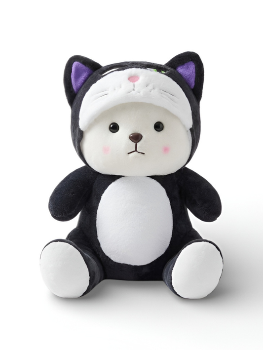 Cute Cat Cosplay Bear Plush Toy 10 Inch – Kawaii Black & White Teddy Bear in Kitten Hoodie, Soft Stuffed Animal Gift for Kids, Girls & Plush Lovers ST15741