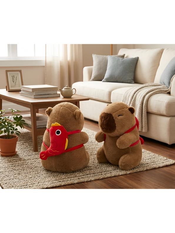 Cute Capybara Plush Toy with Red Fish Backpack – 8 Inch Soft Capybara Stuffed Animal Plushie for Kids, Boys & Girls | ST15738
