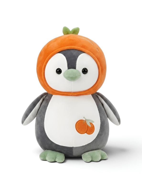 Adorable Penguin Soft Toy Wearing Orange Fruit Hat - 10 Inch Kawaii Plushie Stuffed Animal - Perfect Nursery Decor and Birthday Gift for Boys and Girls ST16679