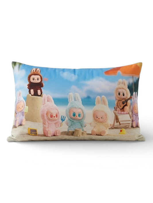 Labubu Monsters Beach Party Throw Pillow – Cute Kawaii Plush Cushion, Summer Sandcastle Graphic, Soft Decorative Home Decor ST11441