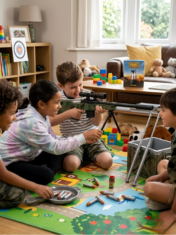 Battlegrounds-Inspired Toy Sniper Rifle with Tactical Scope, Foldable Bipod & 5 Soft Foam Bullets – Realistic Design for Safe Indoor & Outdoor Play