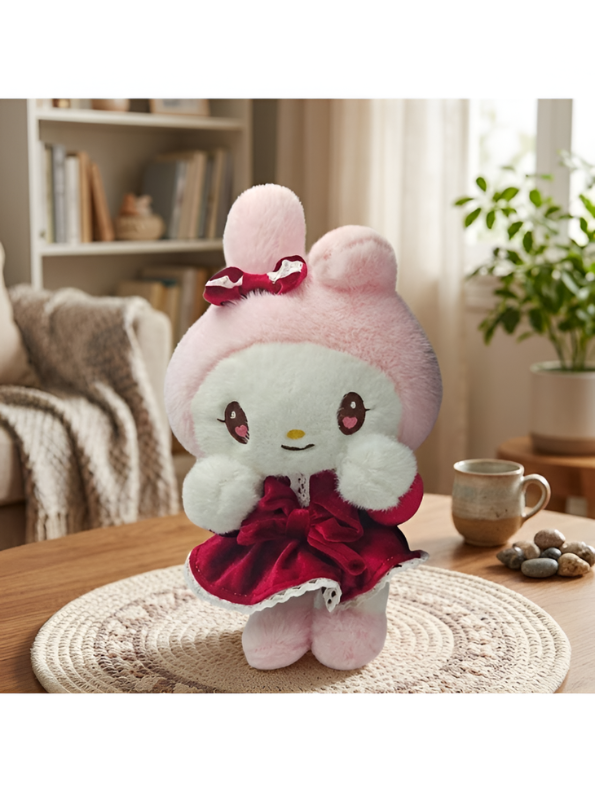 Sanrio My Melody Plush Doll – Pink Bunny Soft Toy in Burgundy Velvet Dress with Lace Trim | Official Cute Kawaii Gift for Girls & Collectors ST15963
