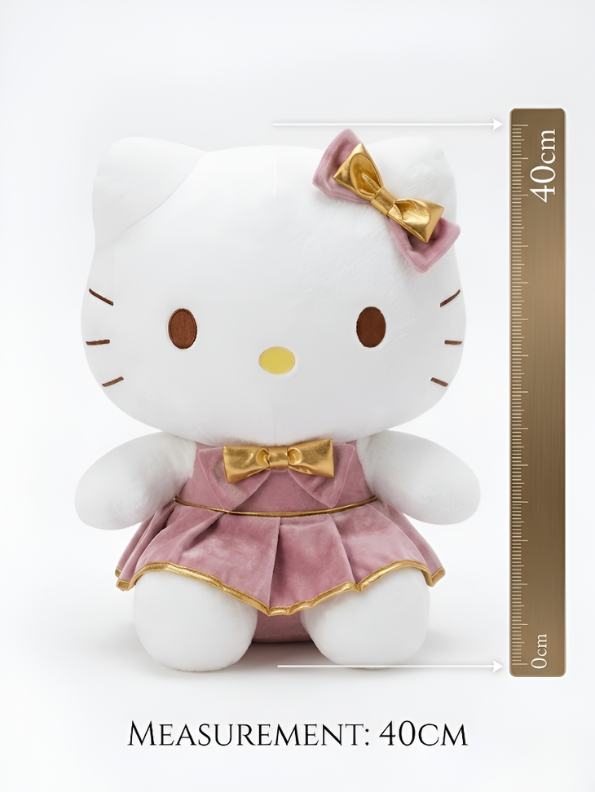 Official Sanrio Hello Kitty 40cm Plush Doll in Pink Velvet Dress with Metallic Gold Bow Accents – Premium Soft Toy for Collectors & Gifts ST16372