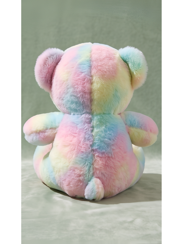 10-Inch Rainbow Teddy Bear Plush Toy – Pastel Tie-Dye Soft Stuffed Animal with Pink Ribbon Bow, Cute Colorful Plushie Gift for Kids ST11476