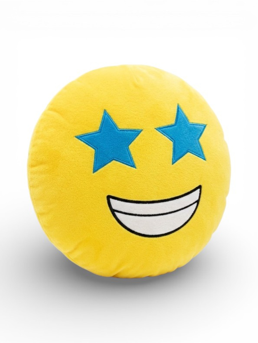 Star Eyes Emoji Plush Pillow – Soft Round Yellow Smiling Cushion | Cute Stuffed Toy for Kids, Sofa & Room Decor ST11443