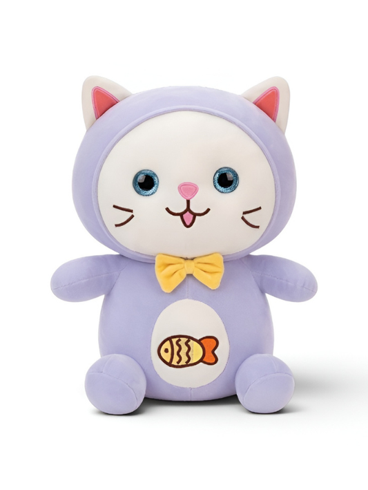 Cat Plush Toy – 8-Inch Cute Purple Soft Stuffed Animal Kitten with Yellow Bow & Fish Patch, Kawaii Cat Plushie for Kids ST11455