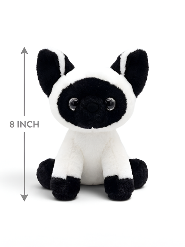 Siamese Cat Plush Toy – 8-Inch Cute Black and White Stuffed Animal Kitten with Big Glitter Eyes, Fluffy Soft Toy for Kids and Cat Lovers ST16507