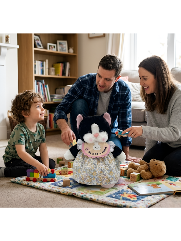 Cute Tuxedo Cat Plush Toy 45cm – Soft Stuffed Kitten Doll in Floral Dress with “I’m Not a Rabbit” Bib, Adorable Collectible Animal Gift for Kids & Cat Lovers ST15639