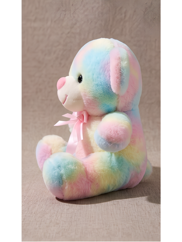 10-Inch Rainbow Teddy Bear Plush Toy – Pastel Tie-Dye Soft Stuffed Animal with Pink Ribbon Bow, Cute Colorful Plushie Gift for Kids ST11476