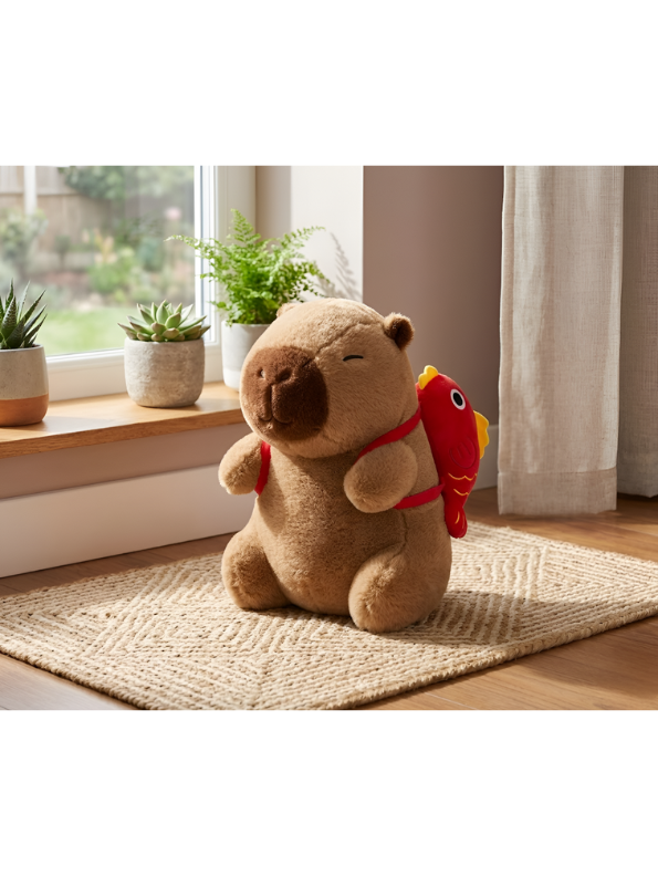 Cute Capybara Plush Toy with Red Fish Backpack – 8 Inch Soft Capybara Stuffed Animal Plushie for Kids, Boys & Girls | ST15738