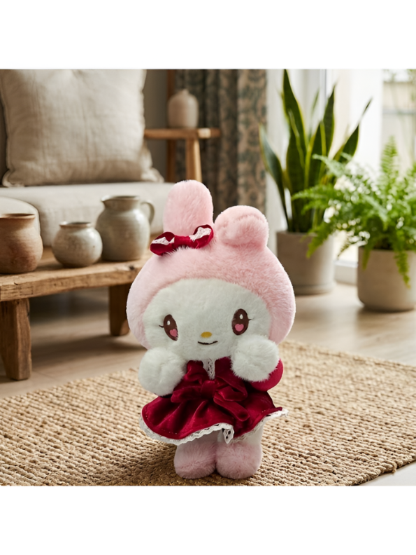 Sanrio My Melody Plush Doll – Pink Bunny Soft Toy in Burgundy Velvet Dress with Lace Trim | Official Cute Kawaii Gift for Girls & Collectors ST15963