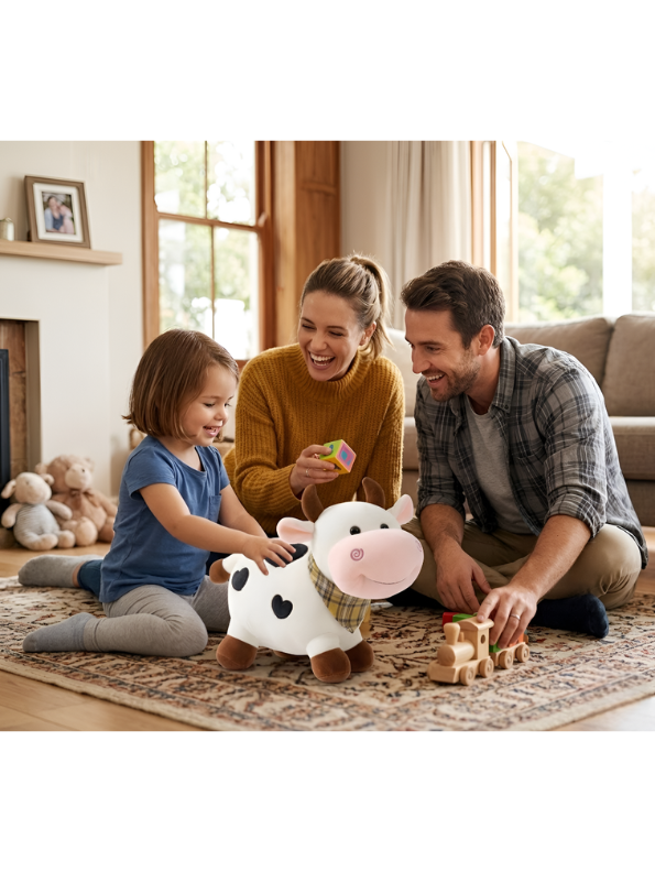 Spotted Cow Plush Toy – 15-Inch Heart-Soft Stuffed Animal with Plaid Bandana & Realistic 3-Inch Horns for Kids & Collectors ST14152