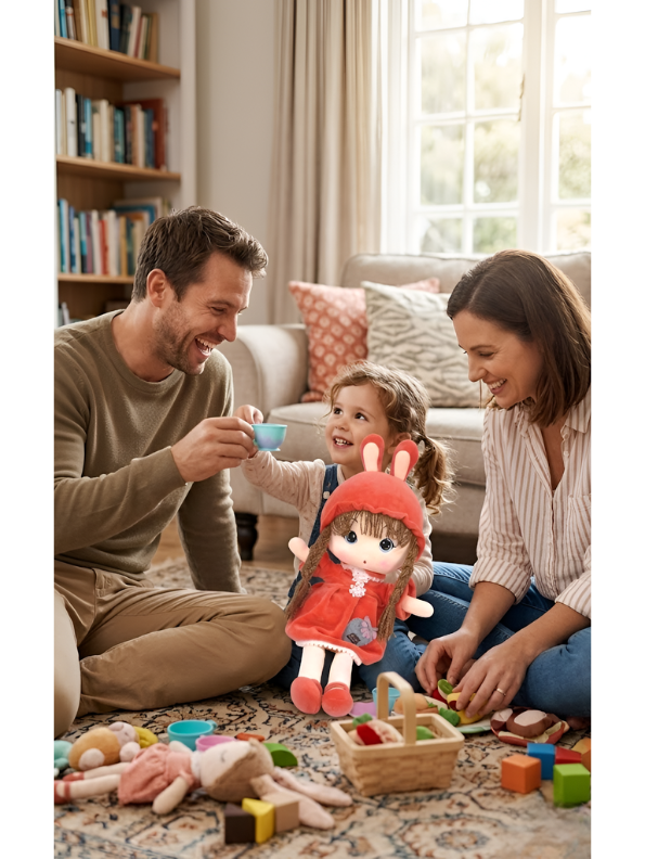Rag Doll with Bunny Hood – Premium 45cm Plush Soft Cuddly Stuffed Toy Girl with Braided Hair & Red Velvet Dress – Ideal Gift for Kids, Toddlers & Baby Girls ST10942