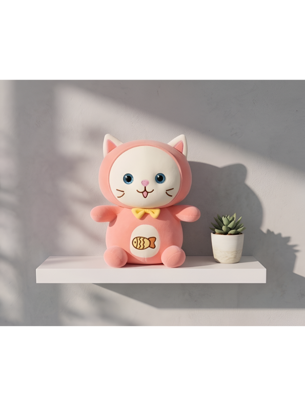 Cat Plush Toy – 8-Inch Cute Pink Soft Stuffed Animal Kitten with Yellow Bow & Fish Patch, Kawaii Cat Plushie for Kids ST11455