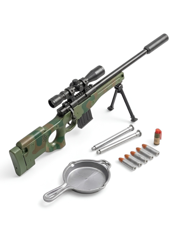 Battlegrounds-Inspired Toy Sniper Rifle with Tactical Scope, Foldable Bipod & 5 Soft Foam Bullets – Realistic Design for Safe Indoor & Outdoor Play