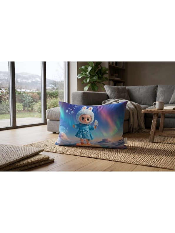 Whimsical Bunny Girl Plush Pillow – Aurora Borealis Landscape Lumbar Cushion for Kids, Nursery & Fantasy Decor, Soft Blue Decorative Throw Pillow ST11441