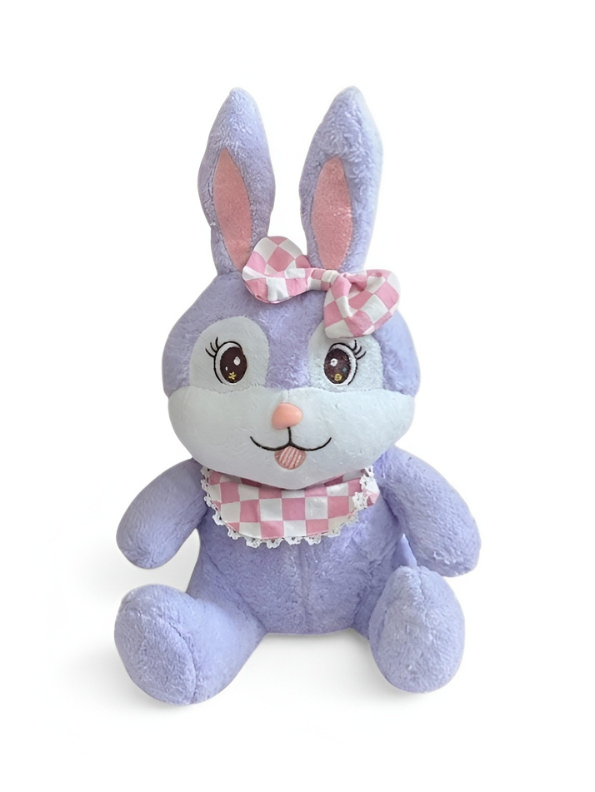 Lavender Bunny Plush Toy – 15-Inch Soft Stuffed Rabbit with Checkered Bow & Bib for Kids & Collectors ST 14539