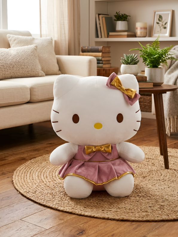 Official Sanrio Hello Kitty 40cm Plush Doll in Pink Velvet Dress with Metallic Gold Bow Accents – Premium Soft Toy for Collectors & Gifts ST16372