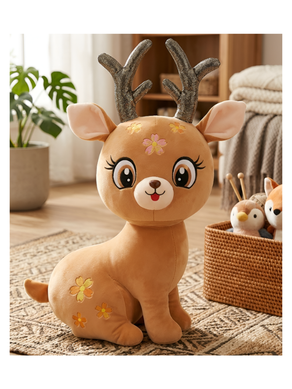 Reindeer Plush Toy – 8 Inch Soft Stuffed Deer with Sparkly Antlers & Floral Embroidery, Cute Holiday & Spring Gift for Kids and Toddlers ST11113