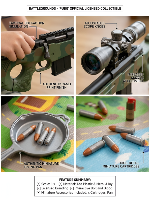 Battlegrounds-Inspired Toy Sniper Rifle with Tactical Scope, Foldable Bipod & 5 Soft Foam Bullets – Realistic Design for Safe Indoor & Outdoor Play