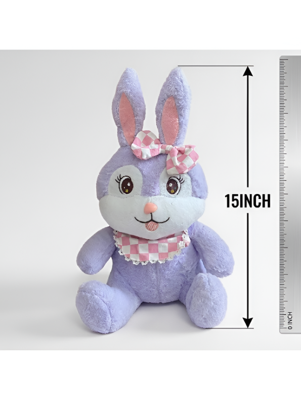 Lavender Bunny Plush Toy – 15-Inch Soft Stuffed Rabbit with Checkered Bow & Bib for Kids & Collectors ST 14539