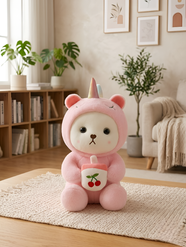 Unicorn Bear Plush Toy - Adorable 10-Inch Pink Soft Kawaii Stuffed Animal with Cherry Accessory ST15751