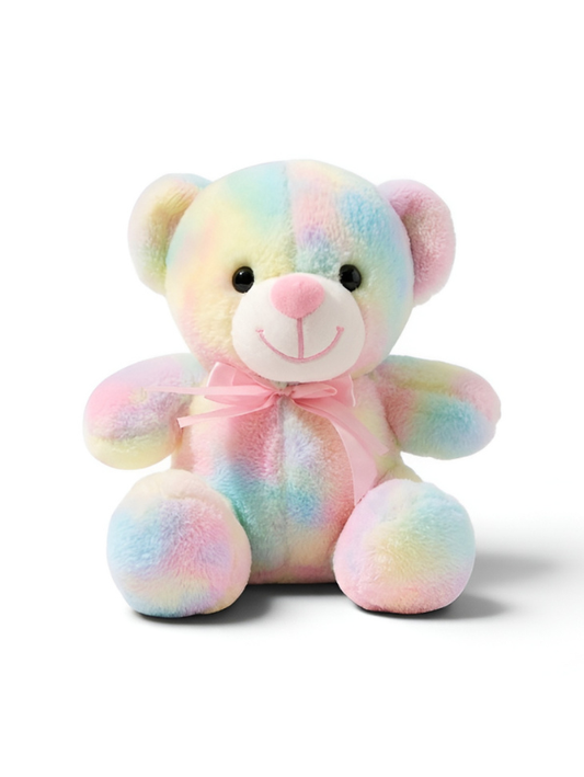 10-Inch Rainbow Teddy Bear Plush Toy – Pastel Tie-Dye Soft Stuffed Animal with Pink Ribbon Bow, Cute Colorful Plushie Gift for Kids ST11476