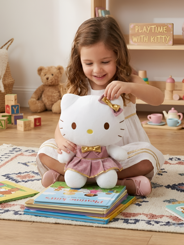 Official Sanrio Hello Kitty 40cm Plush Doll in Pink Velvet Dress with Metallic Gold Bow Accents – Premium Soft Toy for Collectors & Gifts ST16372