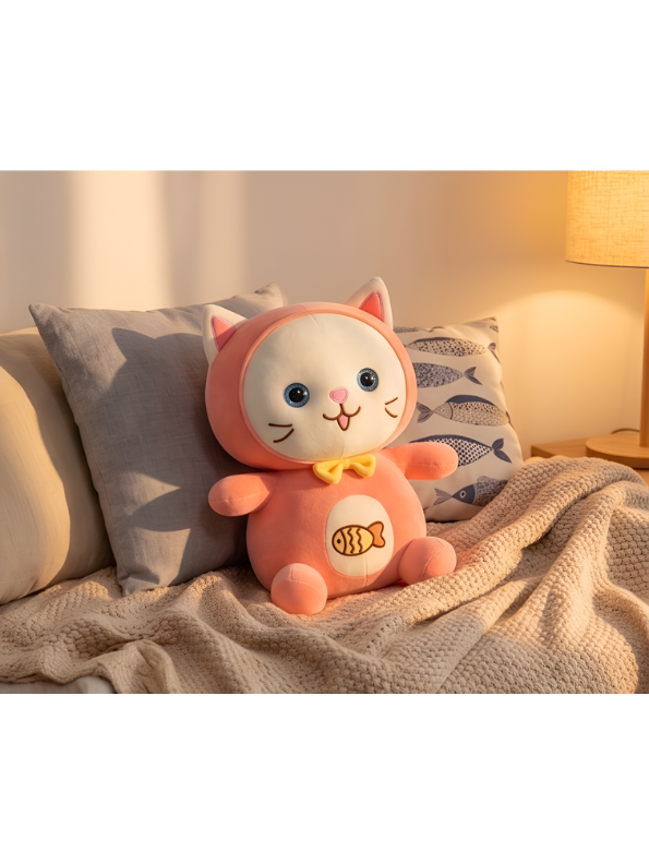Cat Plush Toy – 8-Inch Cute Pink Soft Stuffed Animal Kitten with Yellow Bow & Fish Patch, Kawaii Cat Plushie for Kids ST11455