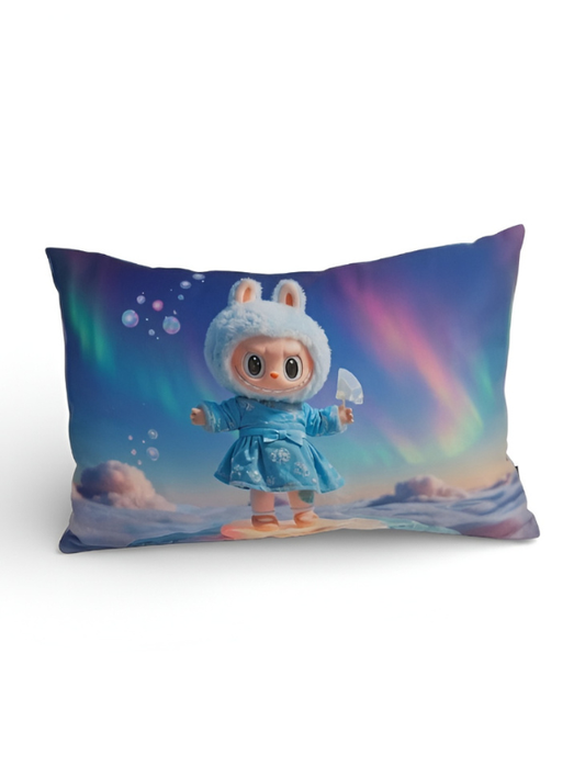 Whimsical Bunny Girl Plush Pillow – Aurora Borealis Landscape Lumbar Cushion for Kids, Nursery & Fantasy Decor, Soft Blue Decorative Throw Pillow ST11441