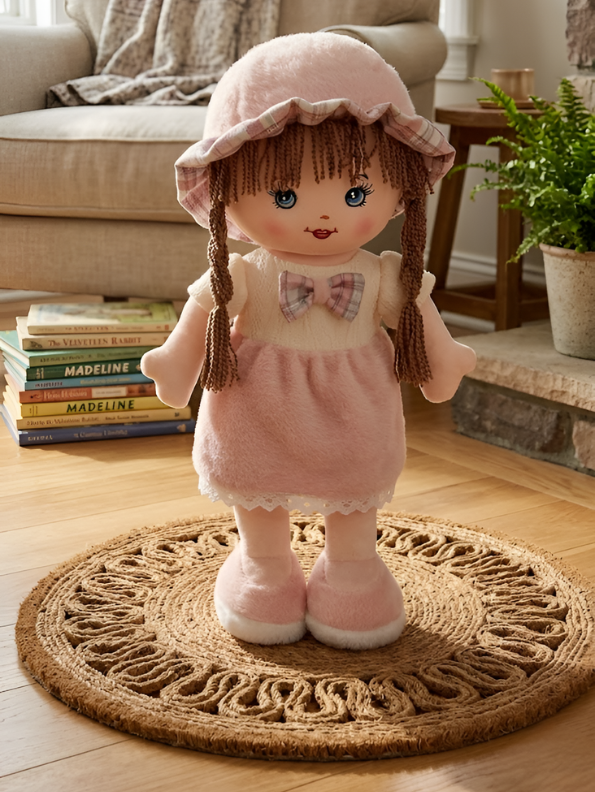 Soft Rag Doll for Girls – 40cm Cuddly Stuffed Toy with Pink Dress, Braided Hair & Matching Sun Hat | Perfect First Doll Gift for Kids ST16052