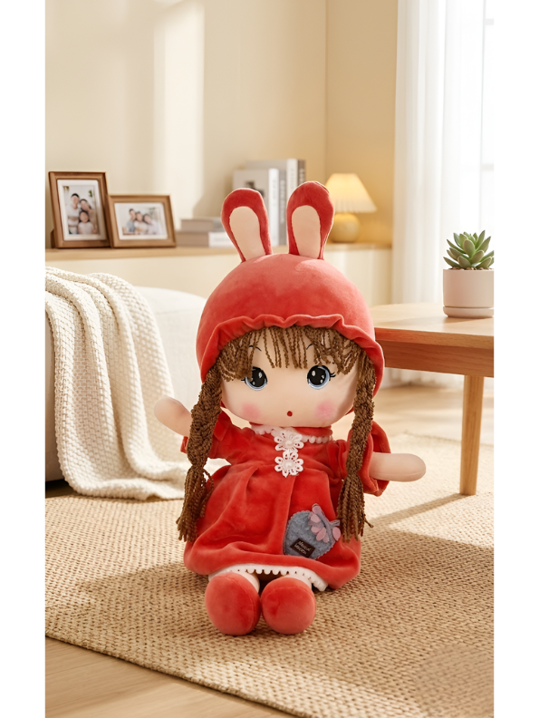 Rag Doll with Bunny Hood – Premium 45cm Plush Soft Cuddly Stuffed Toy Girl with Braided Hair & Red Velvet Dress – Ideal Gift for Kids, Toddlers & Baby Girls ST10942