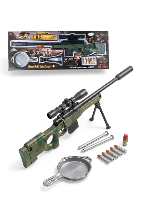 Battlegrounds-Inspired Toy Sniper Rifle with Tactical Scope, Foldable Bipod & 5 Soft Foam Bullets – Realistic Design for Safe Indoor & Outdoor Play