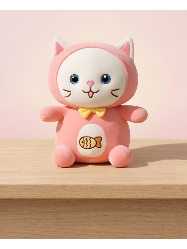 Cat Plush Toy – 8-Inch Cute Pink Soft Stuffed Animal Kitten with Yellow Bow & Fish Patch, Kawaii Cat Plushie for Kids ST11455