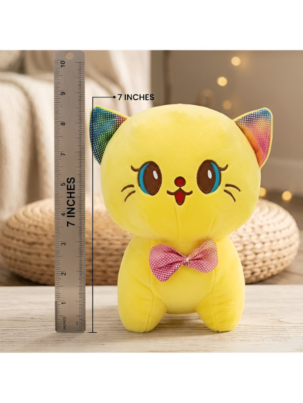 Adorable Kitty Soft Toy – 7 Inch Plush Stuffed Kitten with Sparkly Rainbow Sequined Ears & Pink Bowtie | Cute Vibrant Cat Plush for Kids, Gifts & Decor ST11943