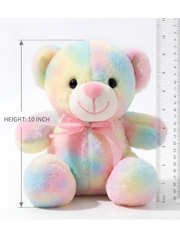 10-Inch Rainbow Teddy Bear Plush Toy – Pastel Tie-Dye Soft Stuffed Animal with Pink Ribbon Bow, Cute Colorful Plushie Gift for Kids ST11476
