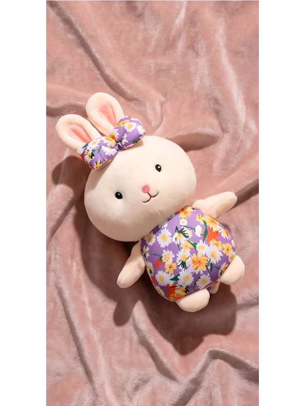 Bunny Soft Toy with Floral Print Romper and Bow – 7-Inch Cute Plush Adorable Stuffed Rabbit Toy for Kids ST11129