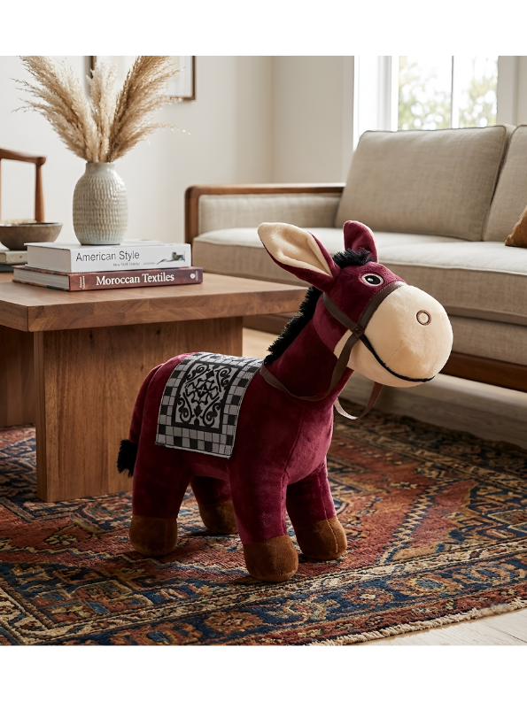 Donkey Soft Toy with Decorative Saddle – Cute 7-Inch Plush Burgundy Stuffed Farm Animal Plushie for Kids & Toddlers ST13195