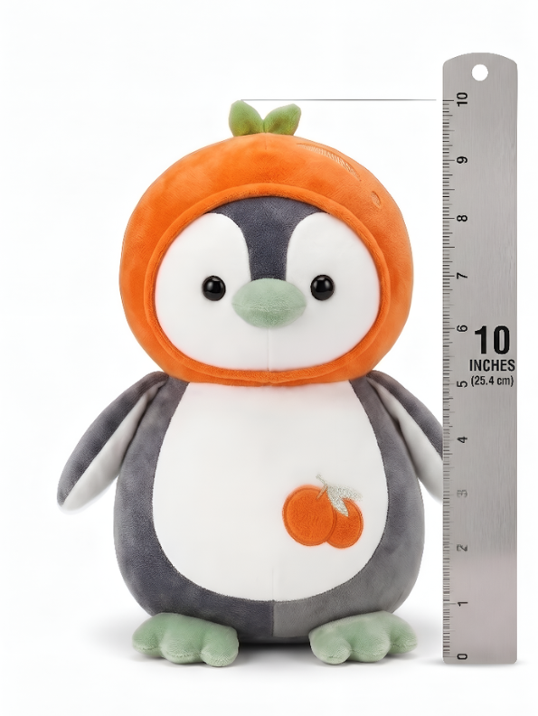 Adorable Penguin Soft Toy Wearing Orange Fruit Hat - 10 Inch Kawaii Plushie Stuffed Animal - Perfect Nursery Decor and Birthday Gift for Boys and Girls ST16679