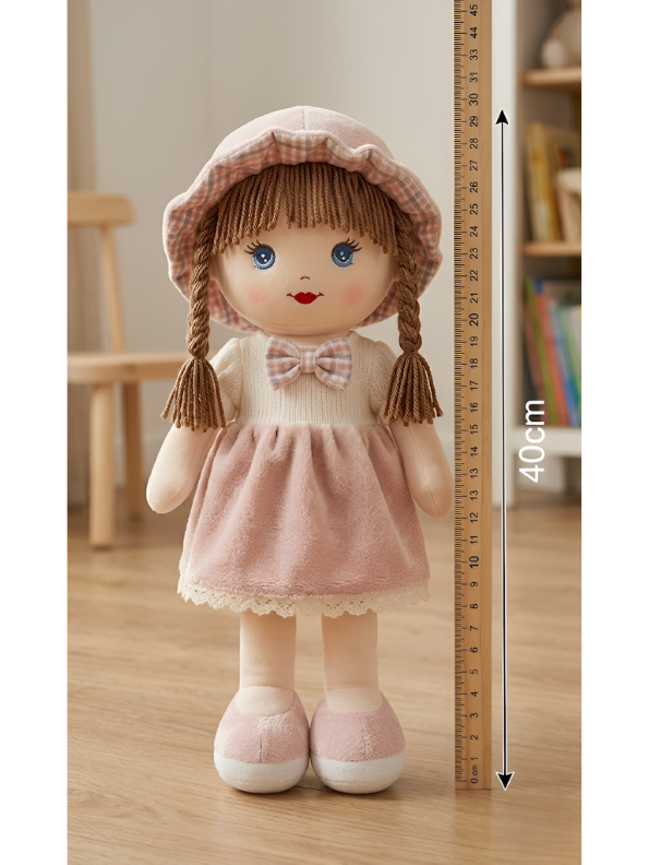 Soft Rag Doll for Girls – 40cm Cuddly Stuffed Toy with Pink Dress, Braided Hair & Matching Sun Hat | Perfect First Doll Gift for Kids ST16052