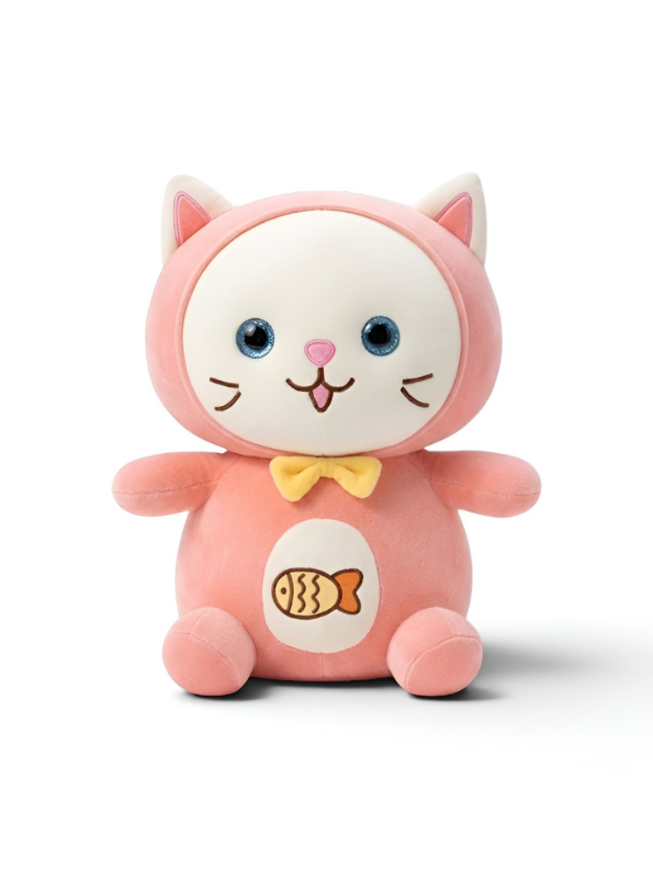 Cat Plush Toy – 8-Inch Cute Pink Soft Stuffed Animal Kitten with Yellow Bow & Fish Patch, Kawaii Cat Plushie for Kids ST11455