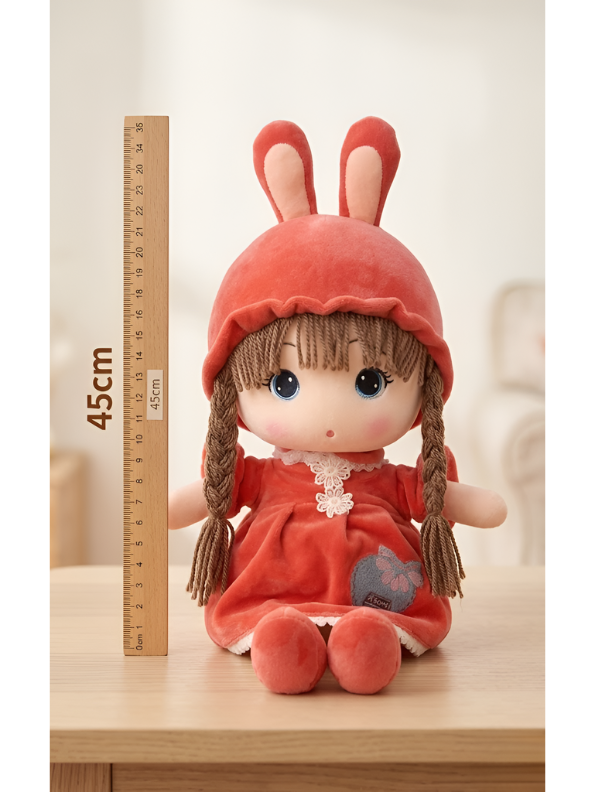 Rag Doll with Bunny Hood – Premium 45cm Plush Soft Cuddly Stuffed Toy Girl with Braided Hair & Red Velvet Dress – Ideal Gift for Kids, Toddlers & Baby Girls ST10942
