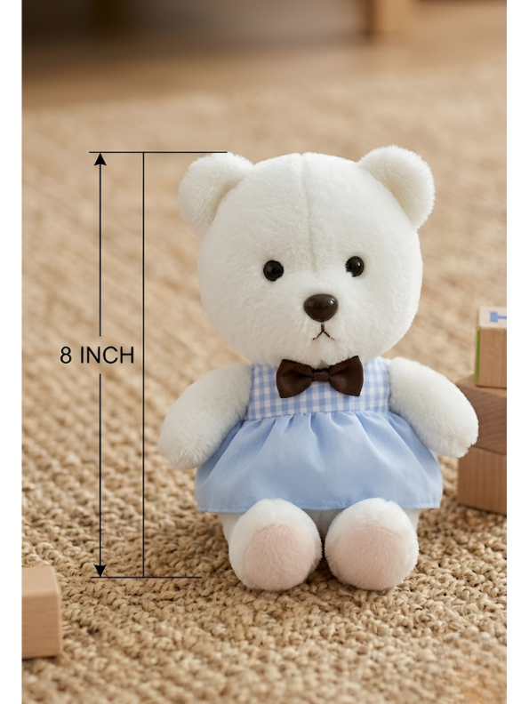 Teddy Bear with Blue Gingham Dress – 8-Inch White Plush Soft Stuffed Animal Toy for Toddlers, Kids ST11121