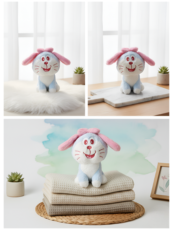 Doraemon Plush Toy 21-cm – Soft Blue & White Stuffed Figure with Pink Bow