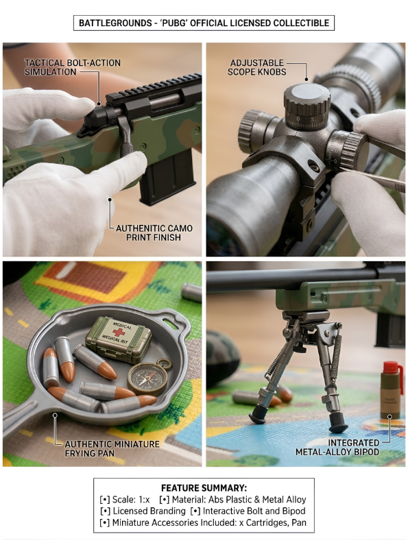 Battlegrounds-Inspired Toy Sniper Rifle with Tactical Scope, Foldable Bipod & 5 Soft Foam Bullets – Realistic Design for Safe Indoor & Outdoor Play