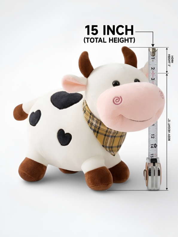Spotted Cow Plush Toy – 15-Inch Heart-Soft Stuffed Animal with Plaid Bandana & Realistic 3-Inch Horns for Kids & Collectors ST14152