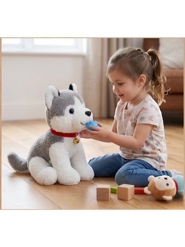 40cm Soft Husky Plush Stuffed Animal – Adorable Husky Puppy Dog Toy with Red Collar & Bell, Ultra-Cuddly Gift for Kids and Dog Lovers ST14631