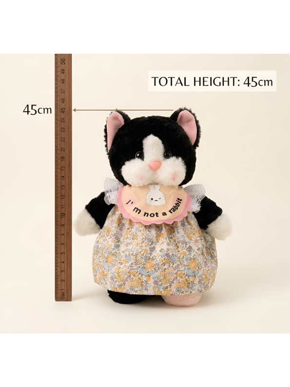 Cute Tuxedo Cat Plush Toy 45cm – Soft Stuffed Kitten Doll in Floral Dress with “I’m Not a Rabbit” Bib, Adorable Collectible Animal Gift for Kids & Cat Lovers ST15639